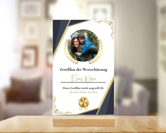Acrylglas "Zertifikat der Wertschätzung"